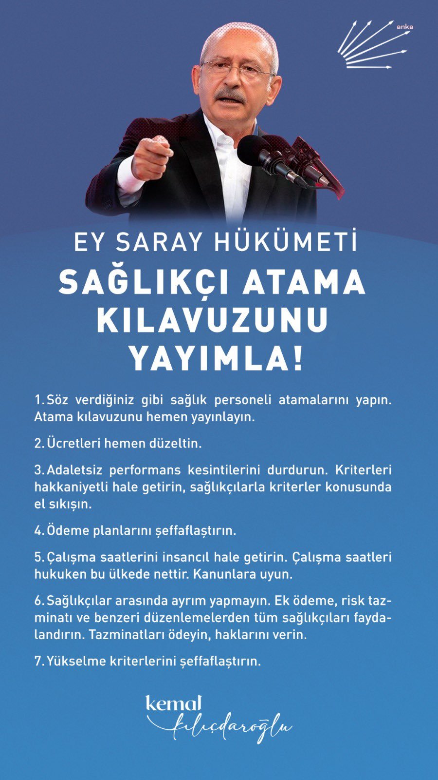 KILIÇDAROĞLU: “SAĞLIKÇILARIMIZLA KONUŞTUM. BU TALEPLERİ HEMEN ÇÖZÜN”