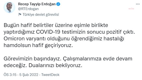 ERDOĞAN: ''Dualarınızı bekliyoruz" dedi.