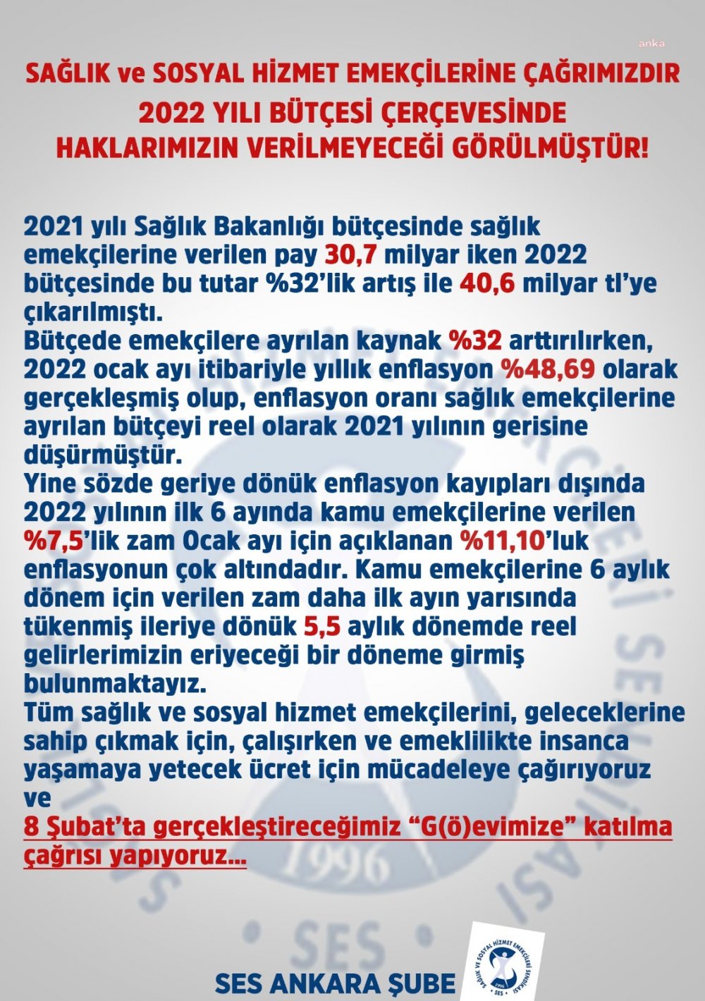 SES Ankara Şubesi'nden sağlık çalışanlarına 'g(ö)rev' çağrısı