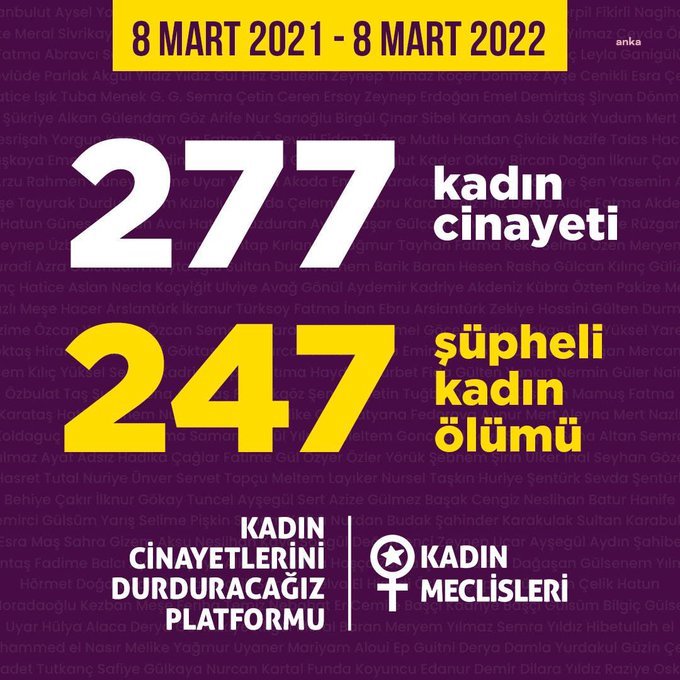 KADIN CİNAYETLERİNİ DURDURACAĞIZ PLATFORMU, 8 MART 2021’DEN BU YANA “277 KADININ ÖLDÜRÜLDÜĞÜNÜ” AÇIKLADI