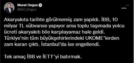 Zam teklifinin hükümet temsilcilerinin oylarıyla reddedilmesine Murat Ongun'dan tepki: "Tek amaç İBB'yi ve İETT'yi batırmak"