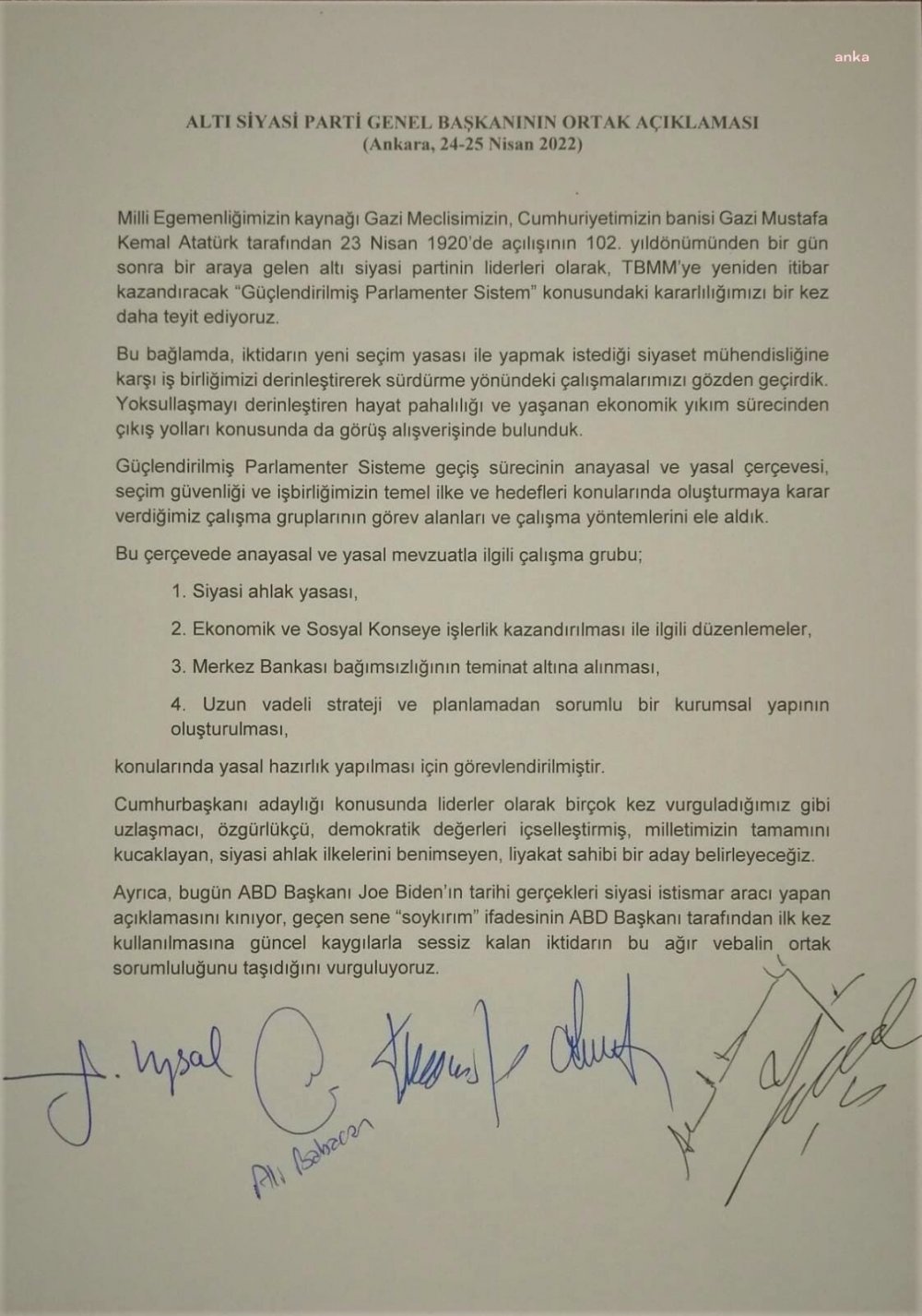 ALTI SİYASİ PARTİ LİDERİNİN ÜÇÜNCÜ ORTAK AÇIKLAMASI: "İKTİDARIN SİYASET MÜHENDİSLİĞİNE KARŞI İŞBİRLİĞİMİZİ DERİNLEŞTİREREK SÜRDÜRME ÇABALARIMIZI GÖZDEN GEÇİRDİK"
